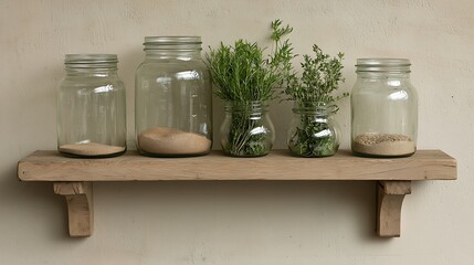 Glass jars with herbs and grains on a rustic wooden shelf Kitchen Home Decor