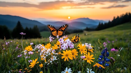 Monarch butterflies on wildflowers in a mountain meadow at sunset Butterfly