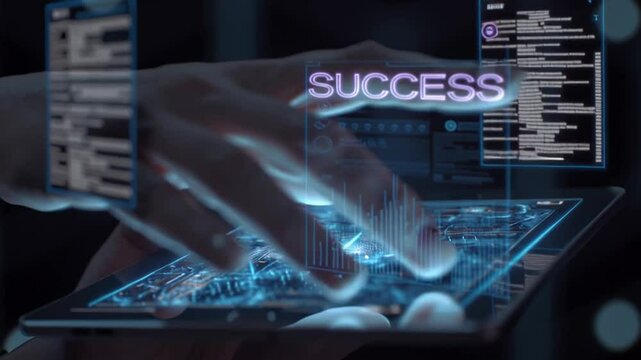 Finger tapping success data on digital screen  ideal for technology, business, corporate, and innovation concepts in design projects.
