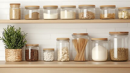 Glass Jars with Various Dry Goods on Wooden Shelves A rosemary plant in a woven basket is also visible