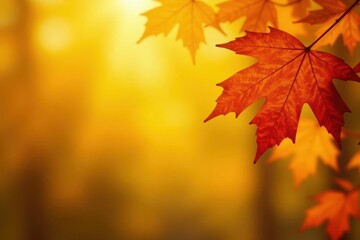 Fototapeta premium Crisp autumn leaves against a radiant yellow backdrop , golden, image