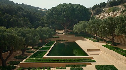 Tranquil garden landscape featuring a rectangular pool tiered stone pathways and lush green hedges and olive trees