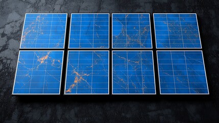 Eight blue solar panels with orange veining arranged in a grid on a dark gray background
