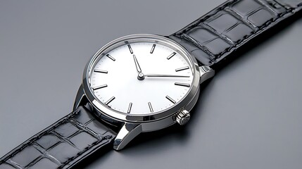 Elegant men's wristwatch with silver case and black alligator leather strap white dial