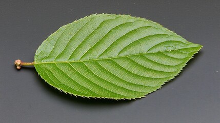 Single green leaf with serrated edges on dark background detailed vein structure visible