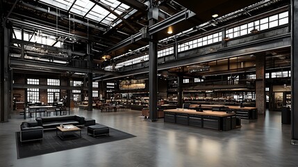 Industrial Loft Interior Open plan space with exposed metal beams large windows and modern furniture