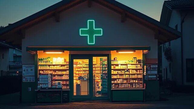 Night view of a brightly lit pharmacy with shelves of medicine and a green cross sign.