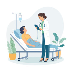 Hospital Consultation: A doctor consults with a patient in a hospital room, the scene illustrating the core of healthcare and medical interaction. Focus on doctor-patient engagement.