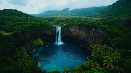 Lush tropical waterfall cascading into a vibrant blue pool surrounded by verdant cliffs and palm trees