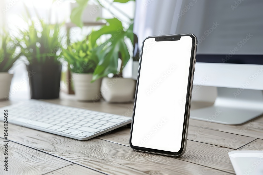 Poster sharp image of modern workplace with smartphone and keyboard