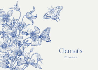 Toile art Vector vintage template Clematis flowers bouquet and butterflies, blue beige. Hand drawn elements. Engraved illustration. Background for design greeting card, wedding decor, invitation, gift