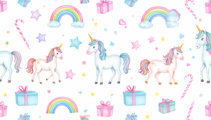 children's birthday wallpaper with unicorns, candy, rainbow and presents, magical pastel theme 