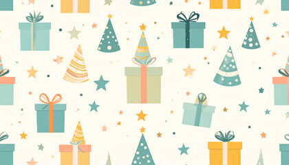 cute pastel themed birthday wallpaper with gift boxes, stars and birthday hats,