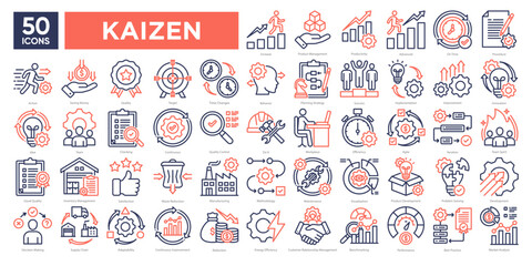 Kaizen icons collection set for continuous improvement,efficiency,quality management,innovation,and business strategy. Perfect for presentations, infographics, and professional materials.