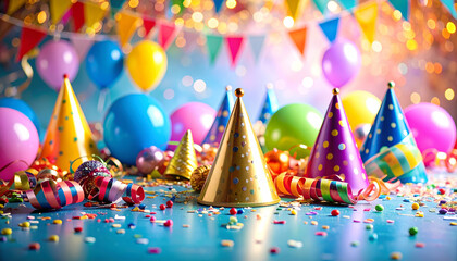 colorful birthday party wallpaper with streamers, balloons and party hats scattered all around