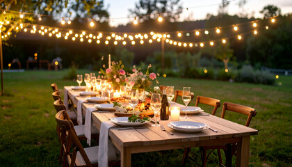 evening birthday party with twinkle lights, outdoor setting, magical celebration vibe