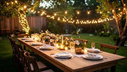 evening birthday party with twinkle lights, outdoor setting, magical celebration vibe