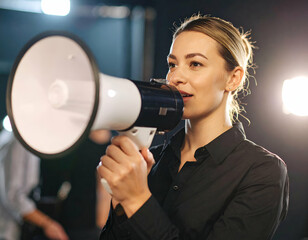 director in black shirt with megaphone on film set