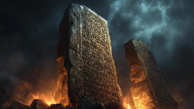 Ten Commandments stone tablets, carved with bold, powerful inscriptions with light glow and black cloud drifting around