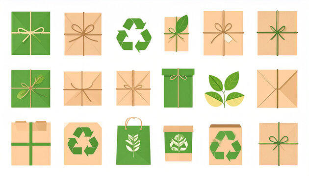 Eco-friendly packaging icons various kraft paper boxes, bags, and envelopes tied with twine, featuring green leaves and recycle symbols, showcasing sustainable and environmentally conscious design