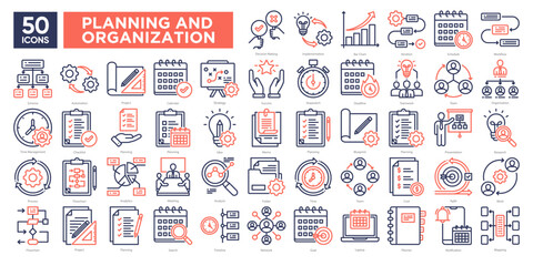 Planning And Organization icon collection set . Simple dual tone color vector style icons pack. Vector illustration.