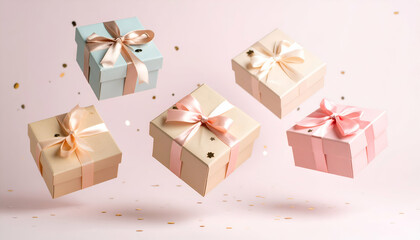pastel background with flying gift boxes and confetti in midair, celebration concept