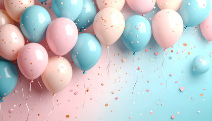 pastel birthday background with balloons and confetti, soft pink and blue tones