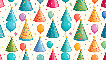 birthday pattern , birthday hats and balloons, vibrant and colorful 