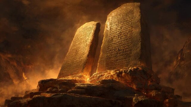 Ten Commandments stone tablets, carved with bold, powerful inscriptions with light glow and black cloud drifting around