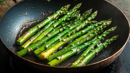 A close-up of a pan filled with crispy, roasted asparagus spears cooking in oil. This healthy and flavorful dish is ready to serve. - Powered by Adobe