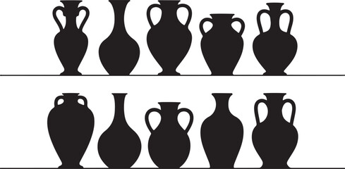 Ancient Greek Pottery Silhouettes Depicting Timeless Artistry and Cultural Heritage Displayed in a Decorative Arrangement Style with Horizontal Shelf Lines
