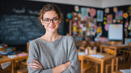 Young female teacher in glasses standing near blackboard, arms crossed and smiling warmly, classroom filled with student desks and bright decor, inspirational and trustworthy image