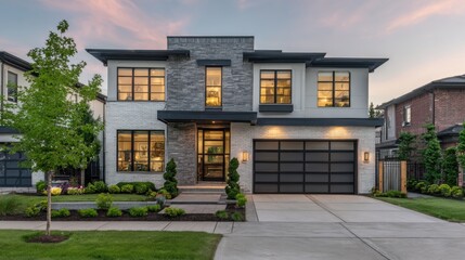 Modern two-story suburban house at dusk with light-colored brick exterior, dark roof overhangs, illuminated large windows, sleek garage door, covered porch, conical shrubs, landscaped front yard, 