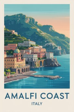 Vintage Travel Poster of Amalfi Coast Cliffside Seaside Town, Italy

