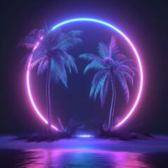 Neon tropical background with palm trees and round frame. 