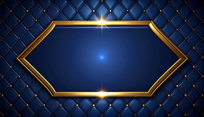 An empty golden hexagon frame on blue quilted leather backdrop. Luxurious and elegant navy blue background with copy space.
