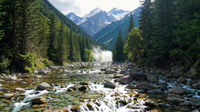 there is a stream running through a rocky river bed in the mountains