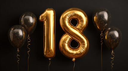 Gold 18th happy birthday background, 18th birthday card illustration with balloons on dark background abstract.