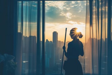 sharp image of housekeeper cleaning a hotel window