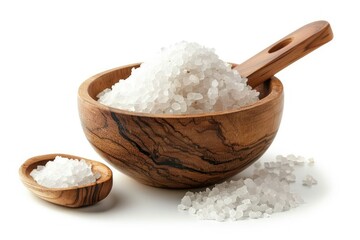 clear pixel visual of Natural sea salt in wooden bowl and spoon isolated on white background