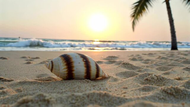 arafed shell on the beach with palm trees in the background
