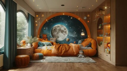 Cozy kids bedroom design with crescent moon wall mural and orange bedding. Childrens room features unique curved headboard and built in shelves.