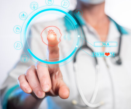 Innovative healthcare professional interacts with advanced medical technology in modern clinic