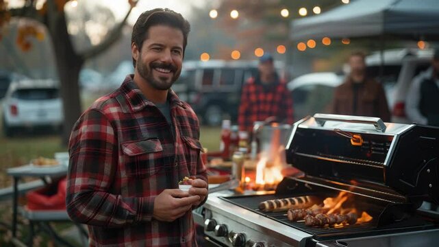 Happy man grilling sausages outdoors with friends.  Man smiles while cooking meat on barbecue grill at fall picnic.  Perfect fall barbecue scene for social media post or website banner.