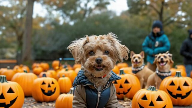 Adorable Yorkshire Terrier puppy in Halloween costume surrounded by carved pumpkins.  Dog sits among autumn pumpkins for a festive fall photo.