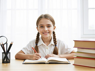 Portrait of a primary school girl in a white shirt at her desk