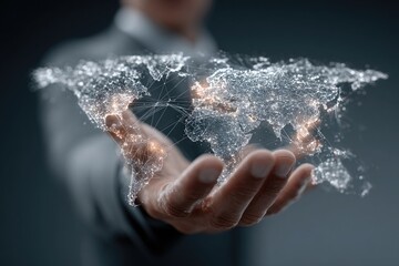 A businessman holding a world map with glowing connections, symbolizing a global network and connectivity