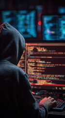 Obraz premium Hacker in a dark room programming malicious code on a computer screen with lines of data.