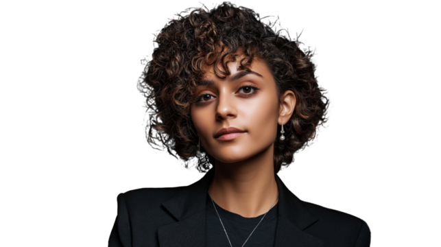 Young female data scientist in blazer and t-shirt, curly hair, subtle earrings, studio shot, no hands, PNG