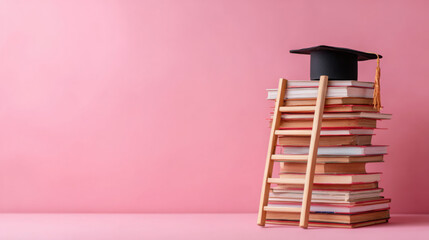 heap of books for studying and ladder leading to bulb in graduation cap for concept of education and university degree against isolated pink background.